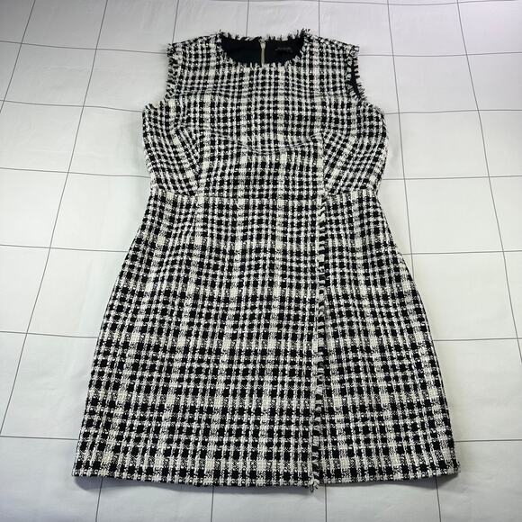 Ann Taylor Dress Womens 10 Black White Fringe Tweed Flare Plaid New Classic Work - Picture 2 of 12